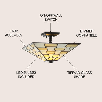 Jason 15.7" Tiffany Style Glass/Metal LED Semi - JONATHAN Y